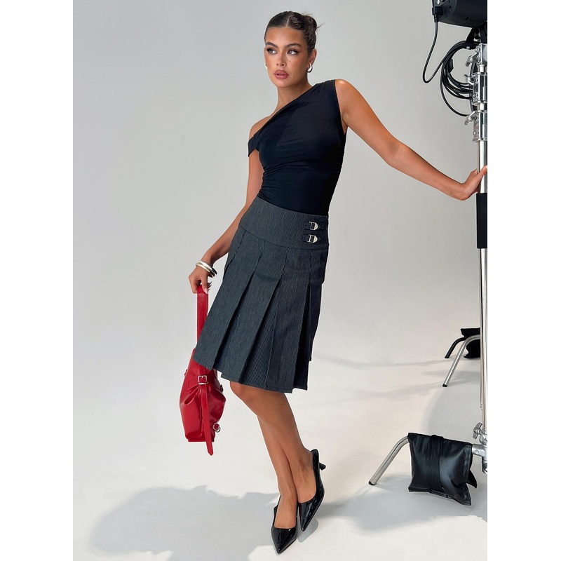 Dereveko Pleated Midi Skirt Black Pinstripe