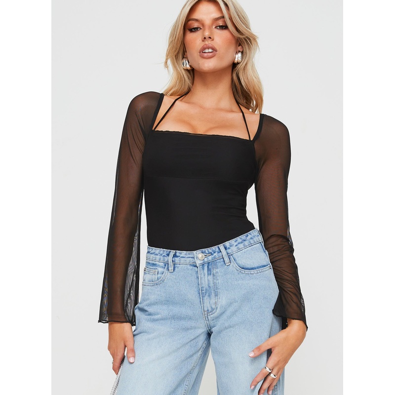 Liva Sheer Sleeve Bodysuit Black