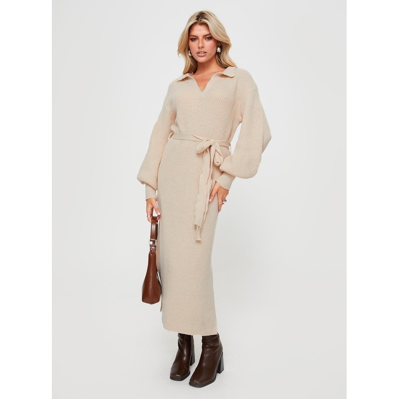 Oriel Long Sleeve Knit Maxi Dress Beige