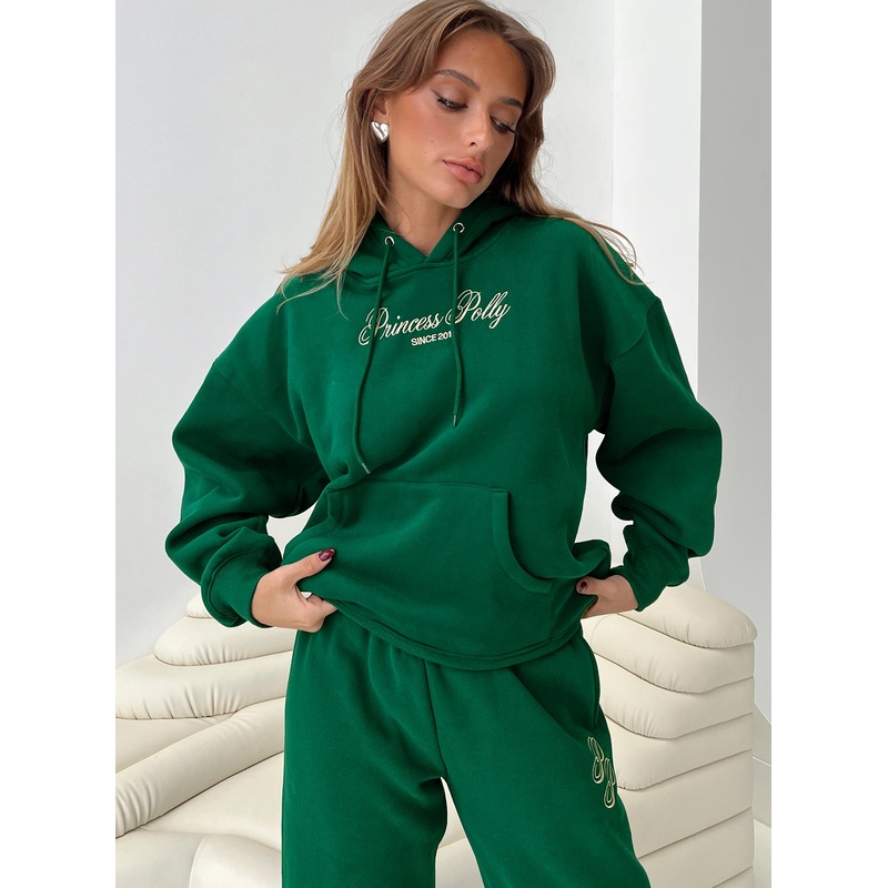 Princess Polly Hooded Sweatshirt Script Green / Ivory