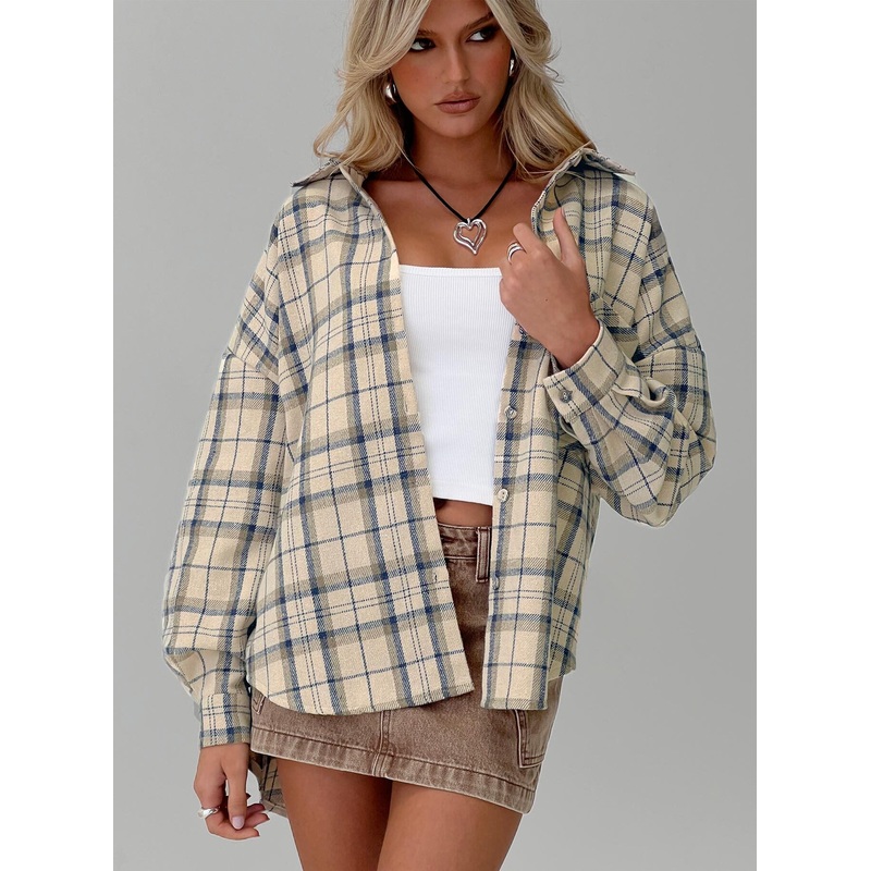 Leylan Oversized Plaid Shacket Cream Plaid