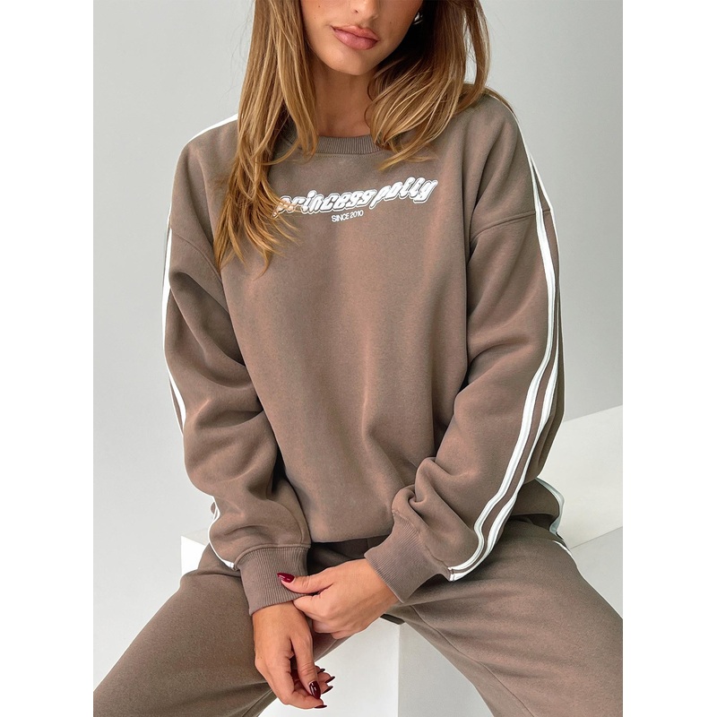 Princess Polly Crew Neck Sweatshirt Stripe Taupe / White