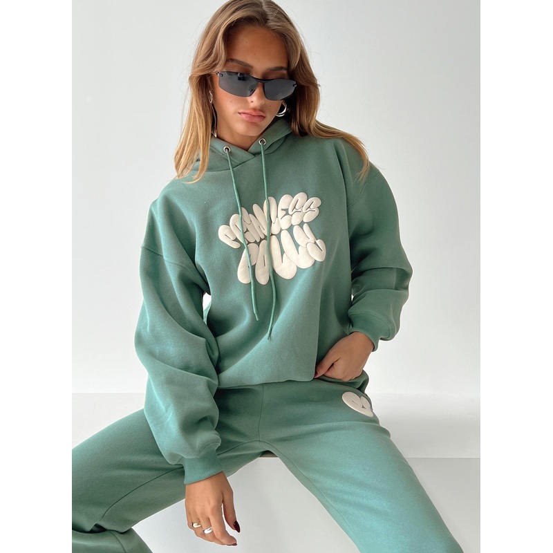 Princess Polly Hooded Sweatshirt Bubble Text Sage / Eggshell