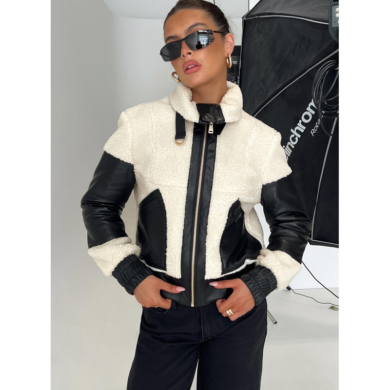 Rachale Faux Leather Shearling Jacket  Black / Cream