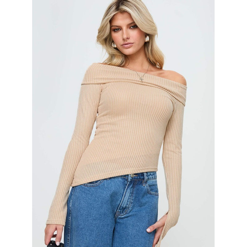 Streep Off The Shoulder Top Beige