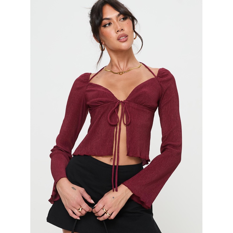 Chantria Long Sleeve Halter Top Burgundy