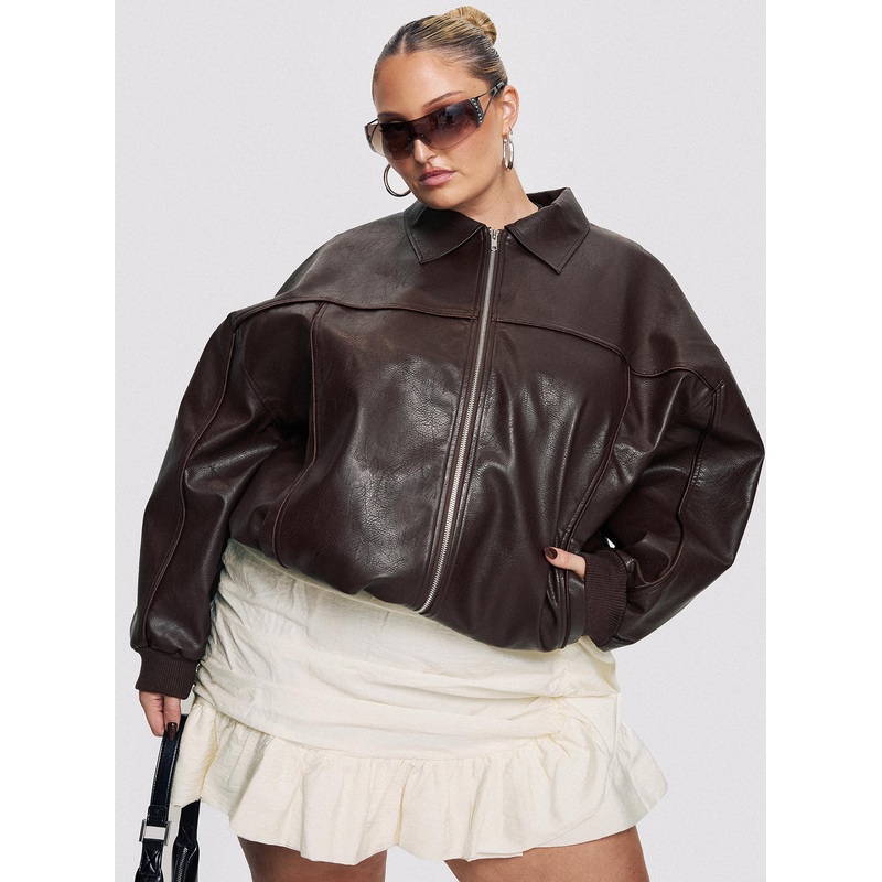 Goldsmith Faux Leather Bomber Jacket Brown Curve
