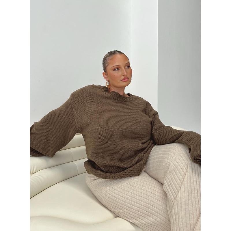 Harmony Balloon Sleeve Knit Sweater Dark Brown Curve