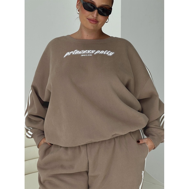 Princess Polly Crew Neck Sweatshirt Stripe Taupe / White Curve