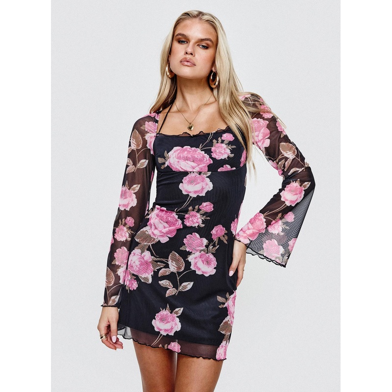 Bilbao Long Sleeve Mini Dress Black / Floral