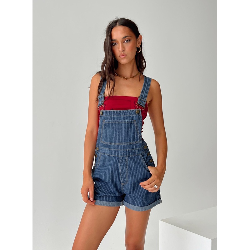 Kacey Short Overalls Mid Blue Pinstripe