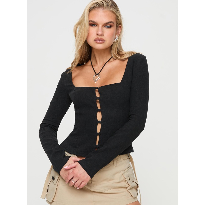 Zenda Linen Blend Long Sleeve Top Black