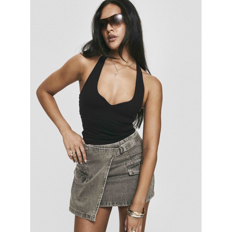 Bambas Wrap Denim Mini Skirt Washed Green