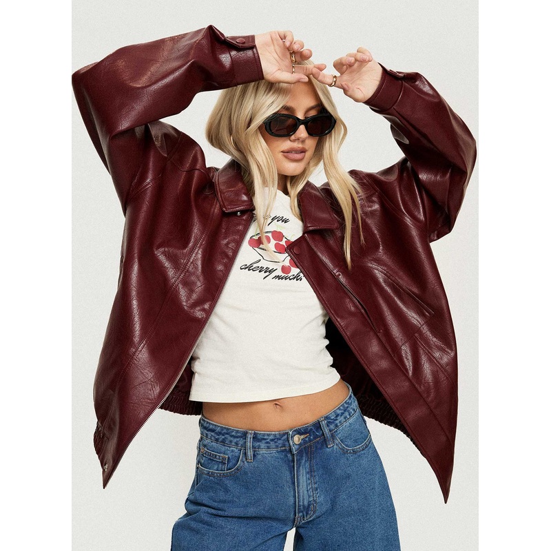 Devija Faux Leather Jacket Burgundy