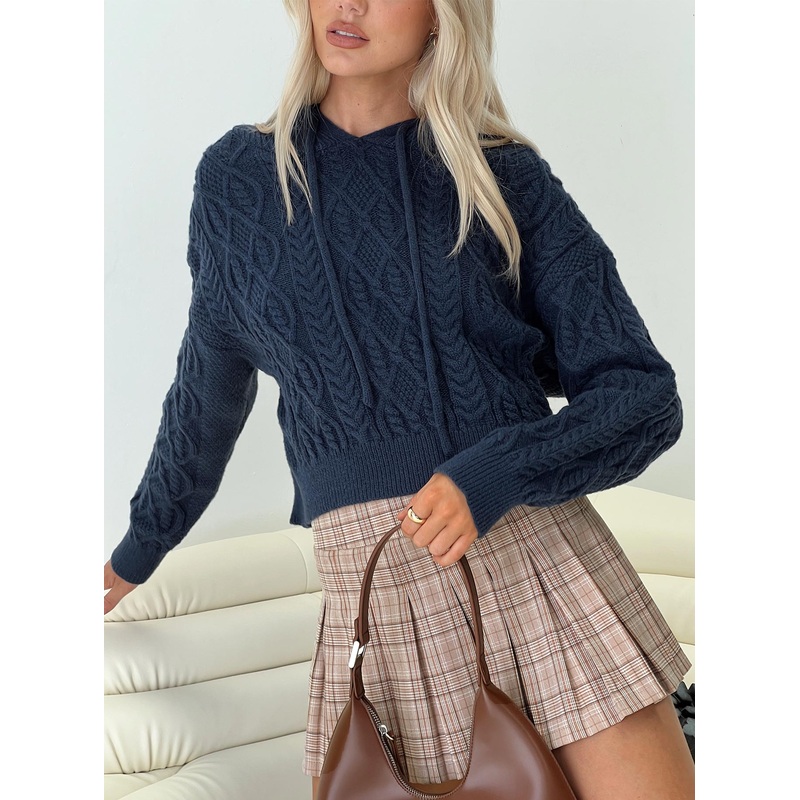 Jorvik Cropped Cable Knit Hoodie Navy