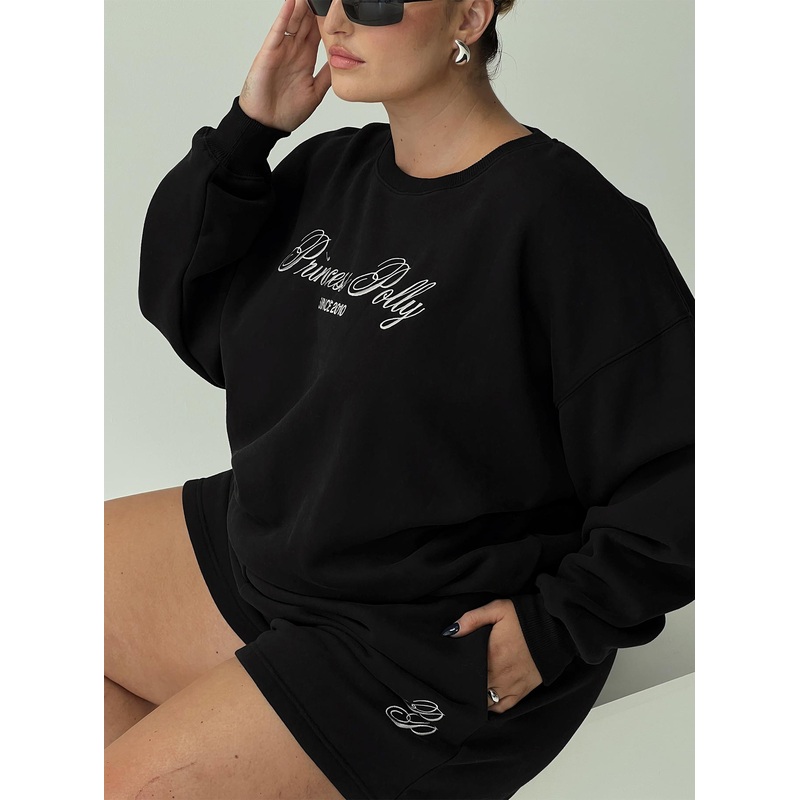 Princess Polly Crew Neck Sweatshirt Cursive Text Black Sand Curve