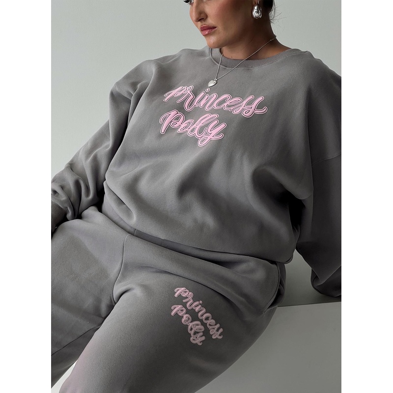 Princess Polly Crew Neck Sweatshirt Puff Text Charcoal Curve