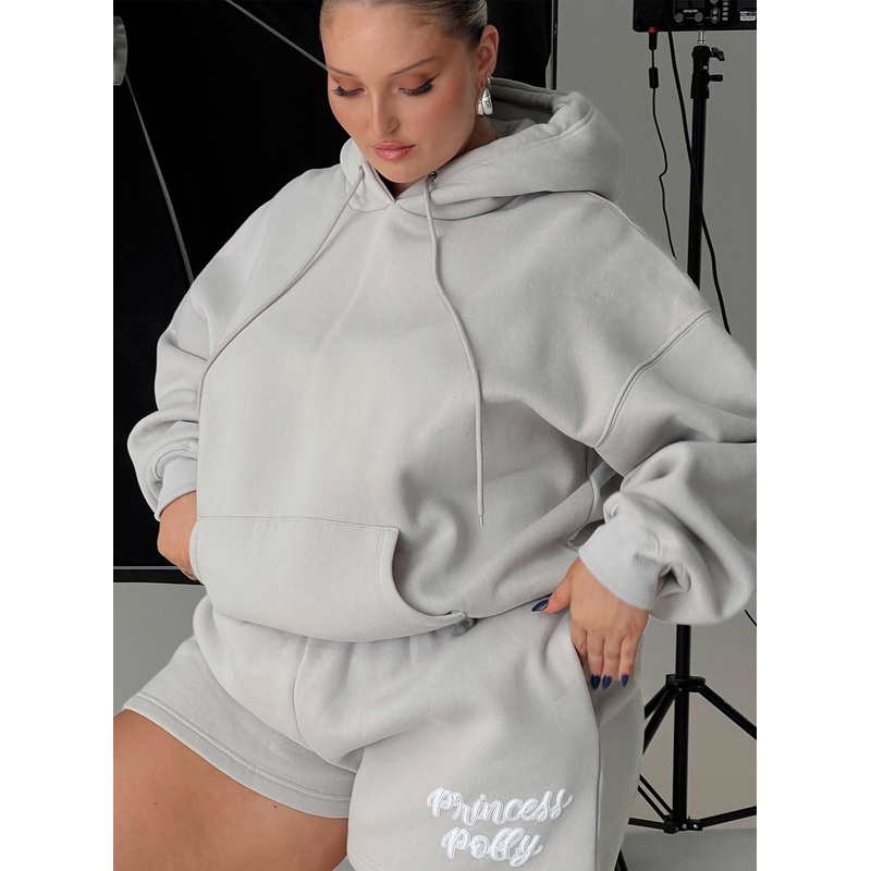 Princess Polly Hooded Sweatshirt Puff Text Grey Curve