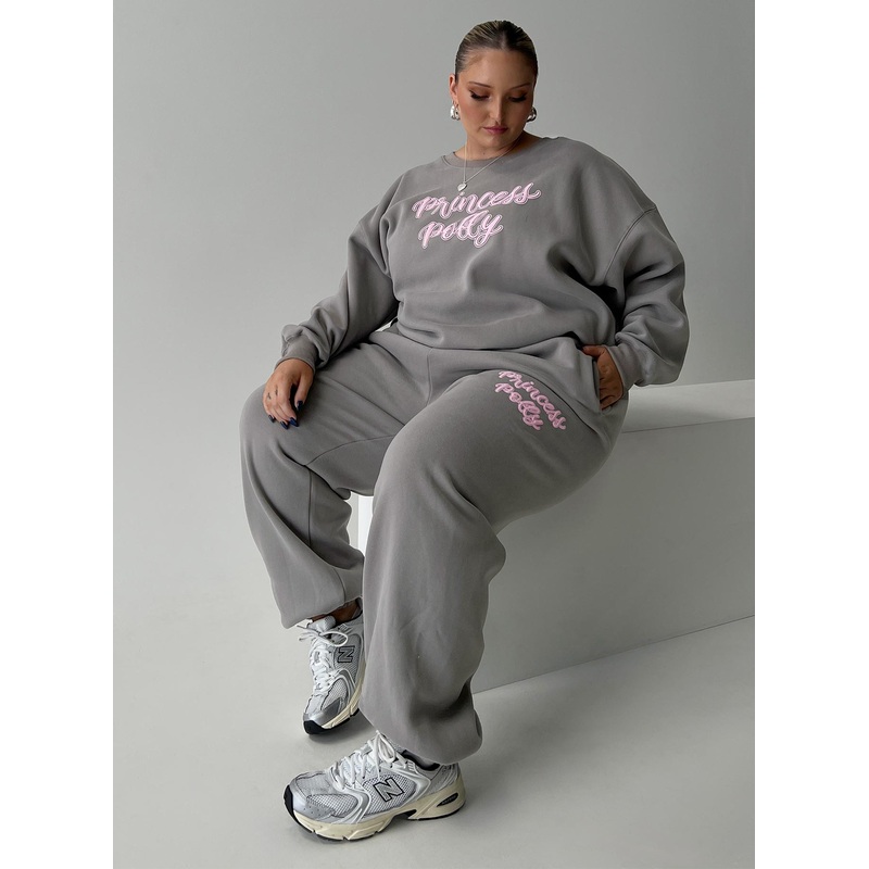Princess Polly Track Pants Puff Text Charcoal Curve