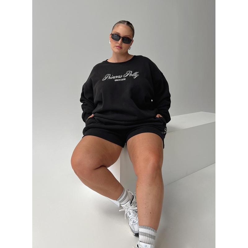 Princess Polly Track Shorts Cursive Text Black Sand Curve