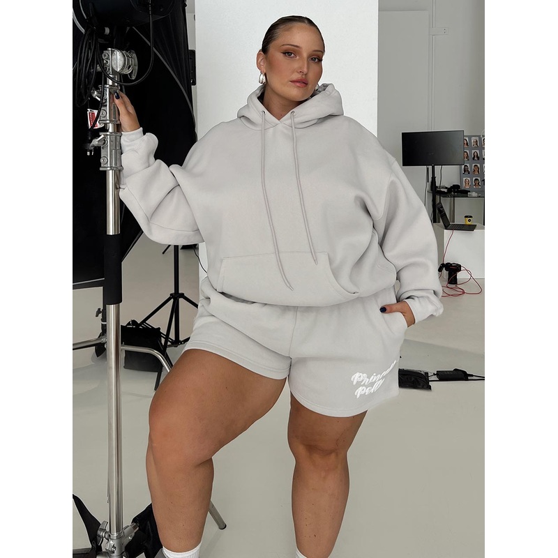 Princess Polly Track Shorts Puff Text Grey Curve