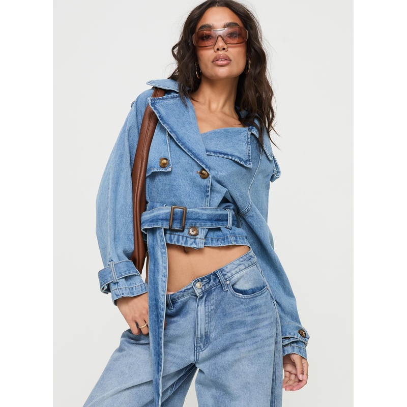 Aurelio Cropped Denim Trench Coat Light Denim Wash