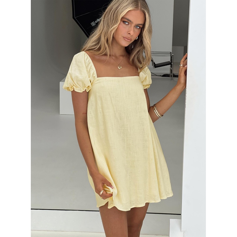 Beyond Linen Blend Mini Dress Yellow