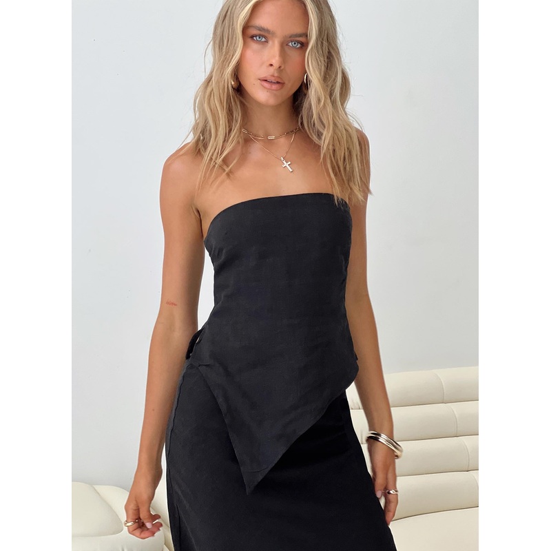 Birdie Asymmetric Linen Blend Top Black