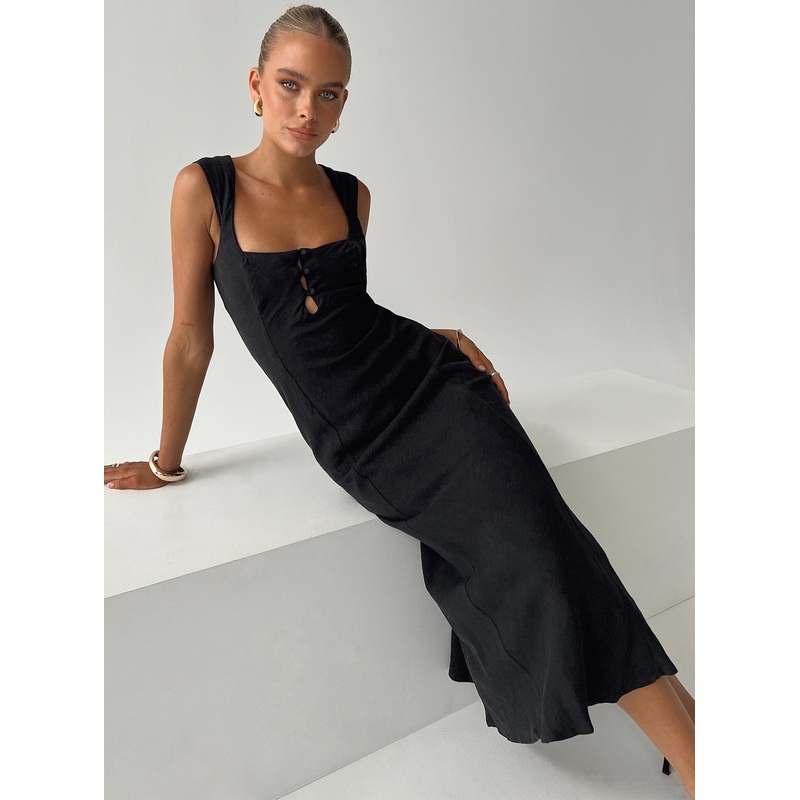 Chosen Girl Linen Blend Midi Dress Black