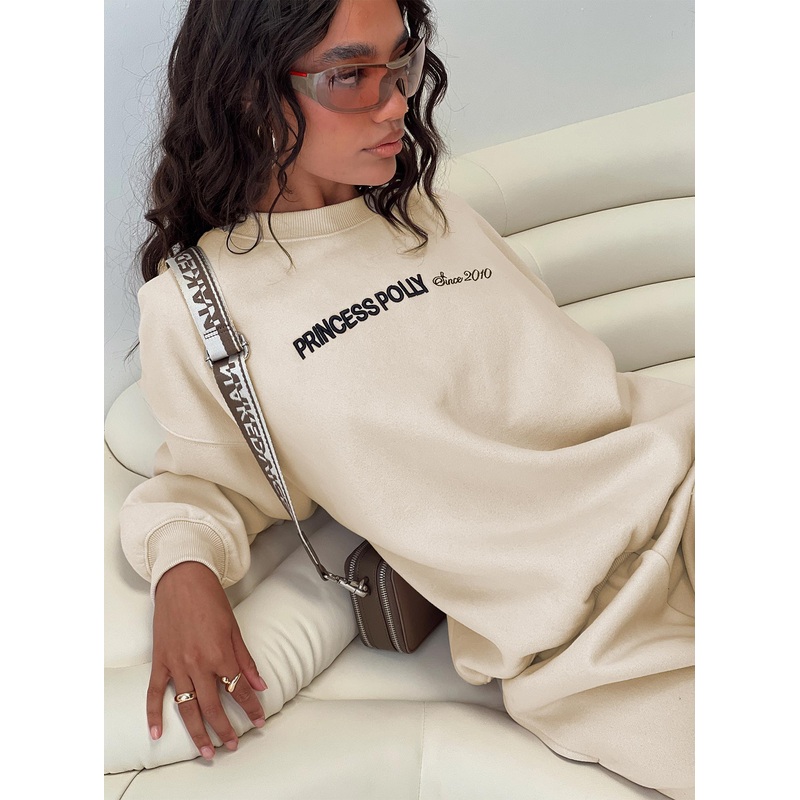 Princess Polly Crew Neck Sweatshirt Block / Cursive Text Stone