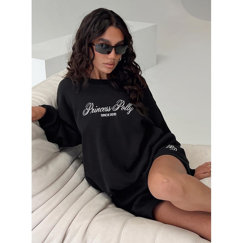 Princess Polly Crew Neck Sweatshirt Cursive Text Black Sand