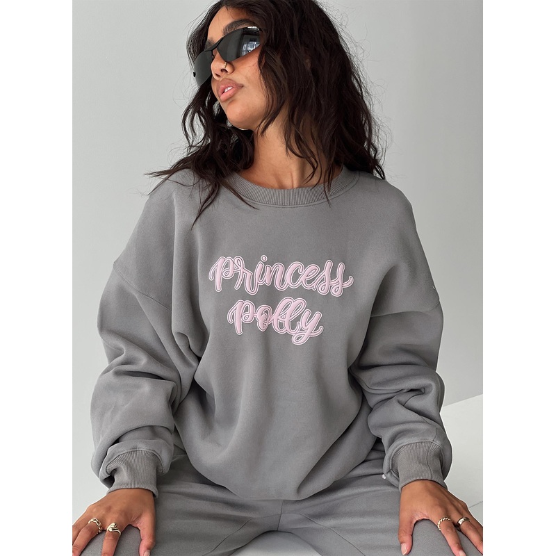 Princess Polly Crew Neck Sweatshirt Puff Text Charcoal