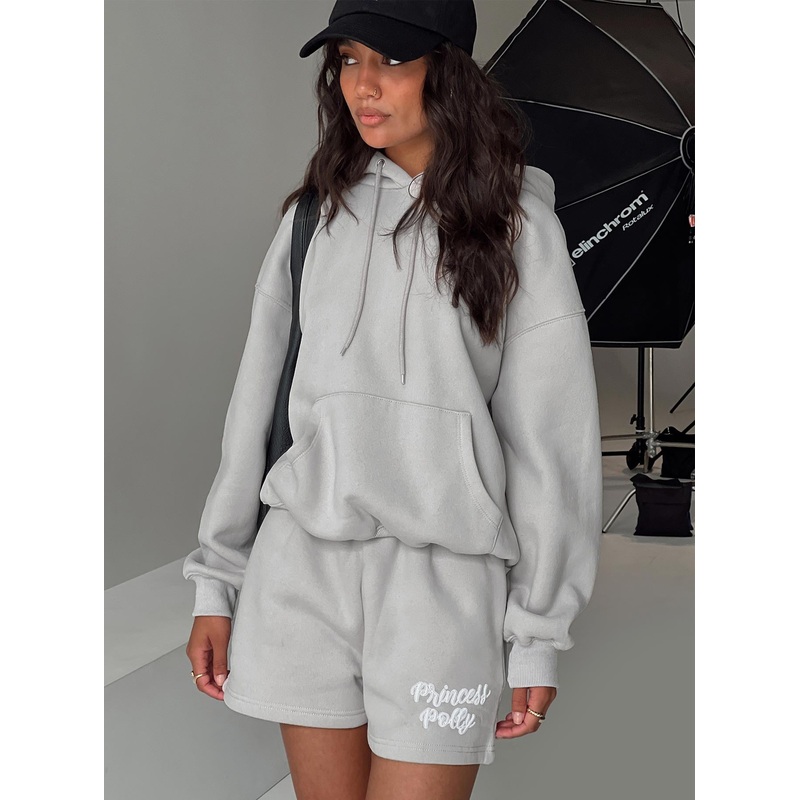 Princess Polly Hooded Sweatshirt Puff Text Grey