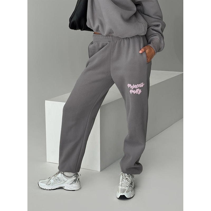Princess Polly Track Pants Puff Text Charcoal