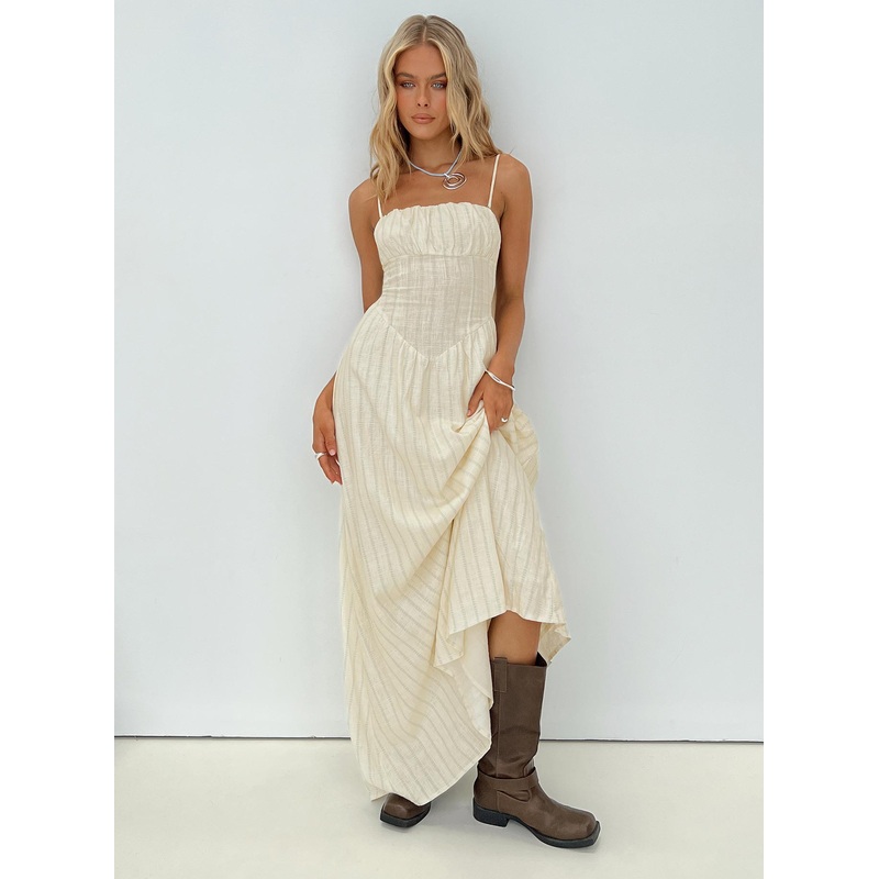 Slow Dance Linen Blend Maxi Dress Cream / Blue