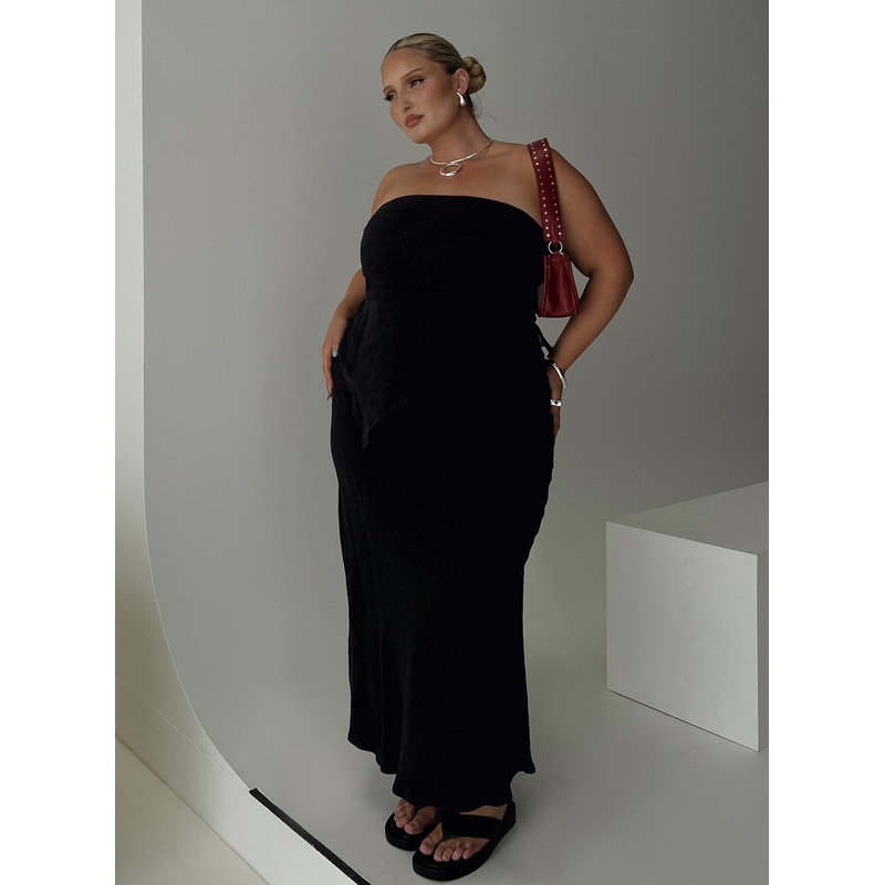 Birdie Asymmetric Linen Blend Top Black Curve