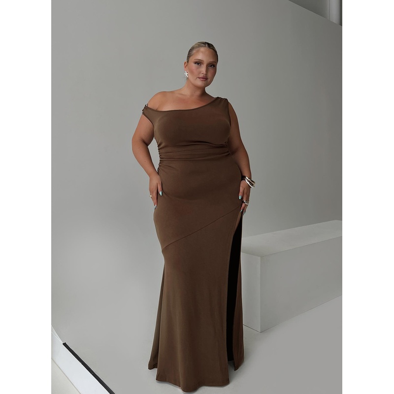 Rios One Shoulder Maxi Dress Brown Curve
