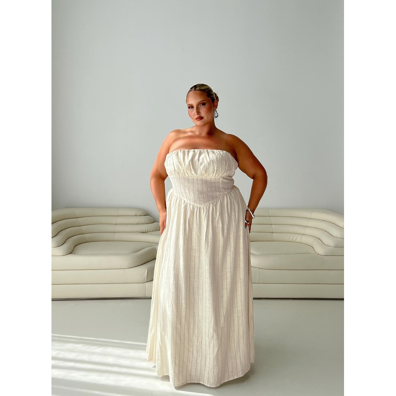 Slow Dance Linen Blend Maxi Dress Cream / Blue Curve