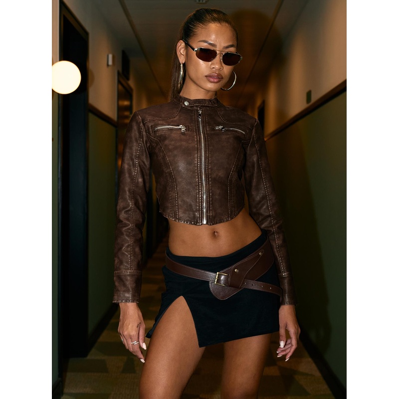 Soothing Faux Leather Biker Jacket Washed Brown