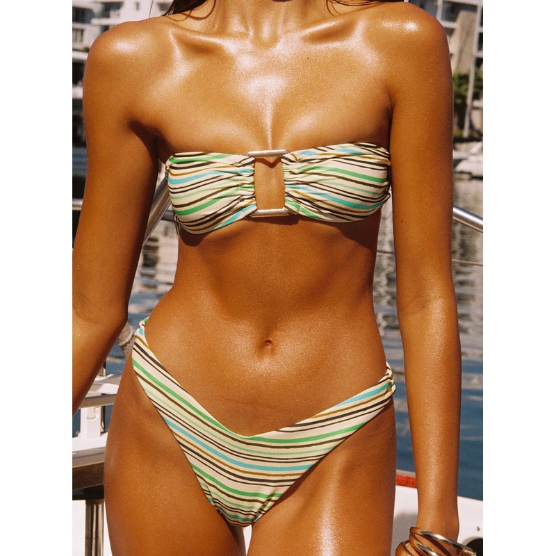 Calbira Cheeky Bikini Bottoms Green Stripe