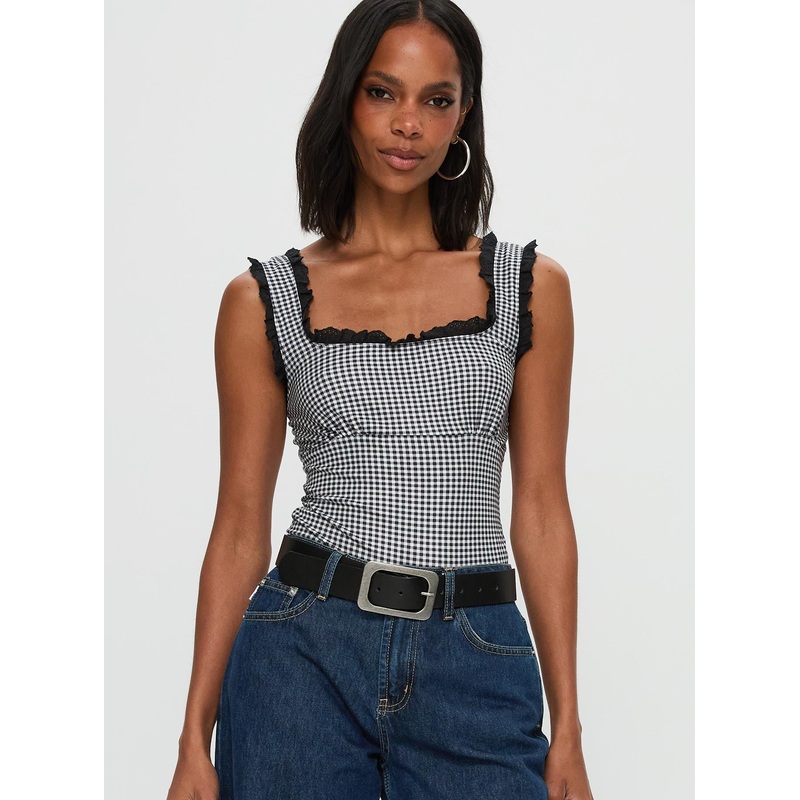 Trustfund Lace Trim Bodysuit Black / White Check