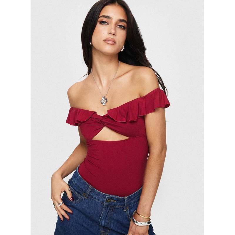Be Careful Off The Shoulder Bodysuit Red