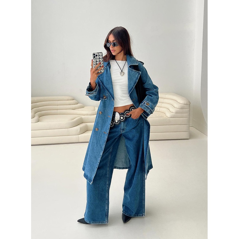 Honeyed Denim Trench Coat Mid Wash