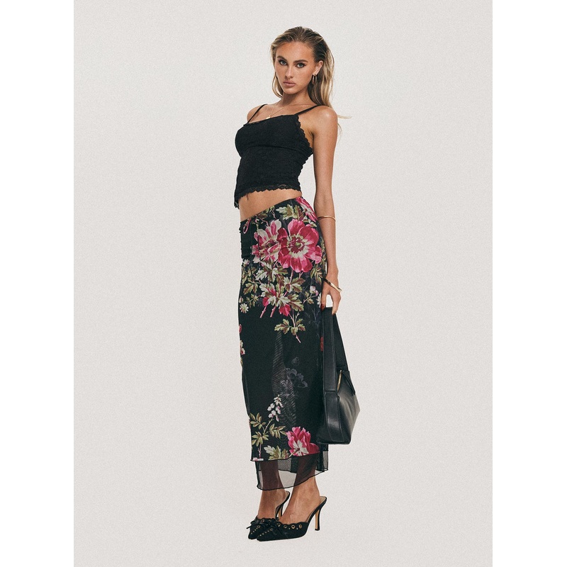 Paganio Maxi Skirt Black Floral