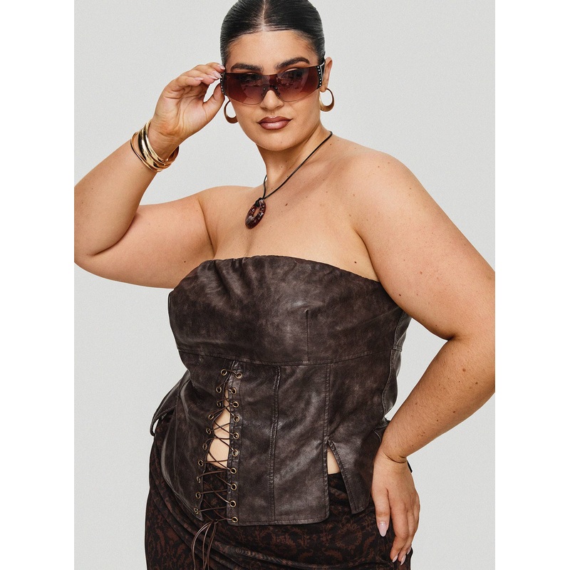 Afraid Strapless Faux Leather Top Brown Curve