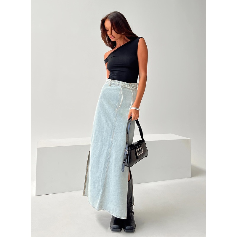 Brandee Tie Front Denim Maxi Skirt Light Wash