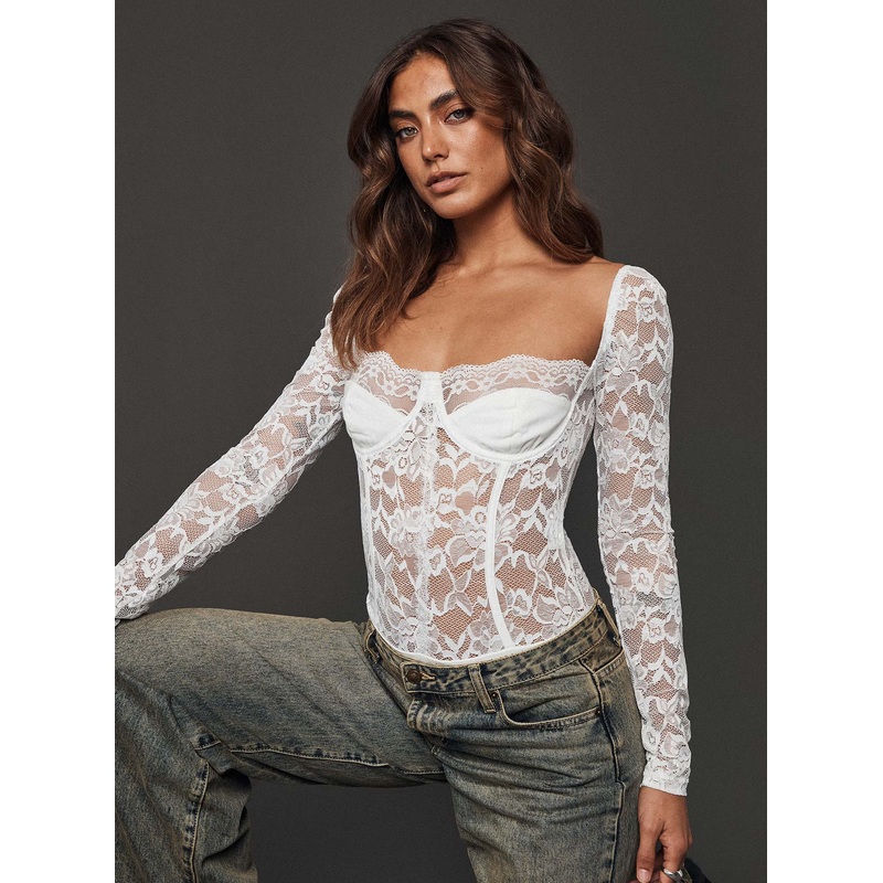 Cadrot Long Sleeve Lace Bodysuit White