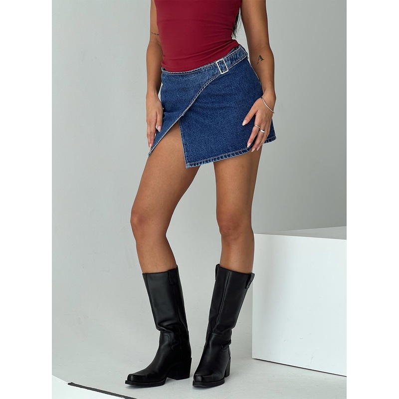 Wait Up Denim Wrap Mini Skirt Mid Wash
