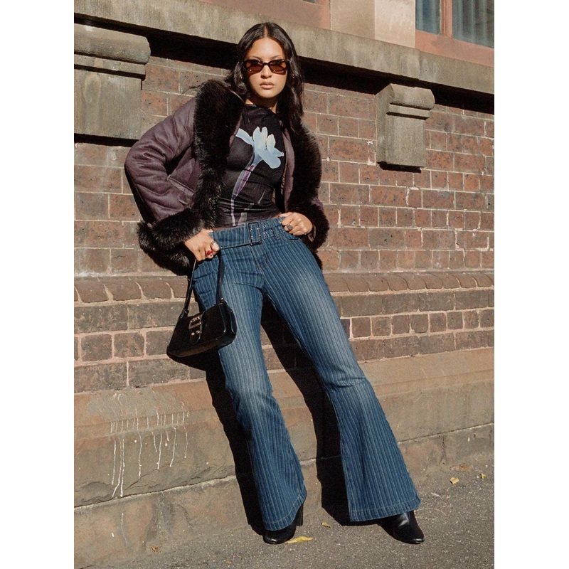Ralbartia Stripe Belted Jeans Mid Wash