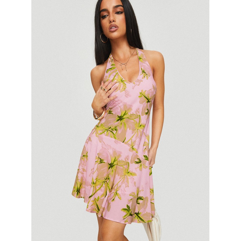 Alcedo Halter Mini Dress Pink / Green